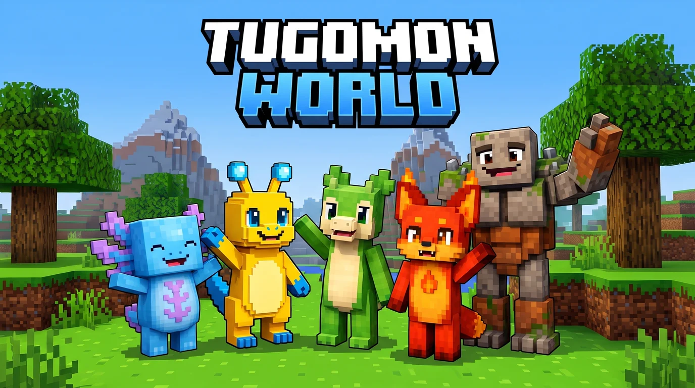 Personagens do jogo TUGOMON WORLD em um mundo 3D